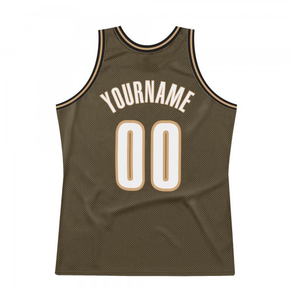 Men's Custom Olive White-Old Gold Authentic Throwback Basketball Jersey